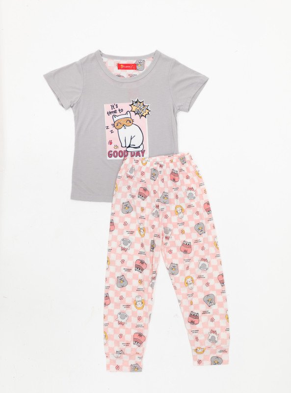 Good Day Cartoon Cat Pajama Set - Gray