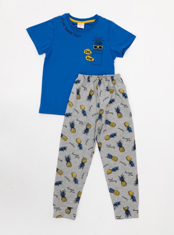 Boys' Fun Pineapple Print Pajama Set – “Cool Dude” T-Shirt & Comfy Pants - Blue