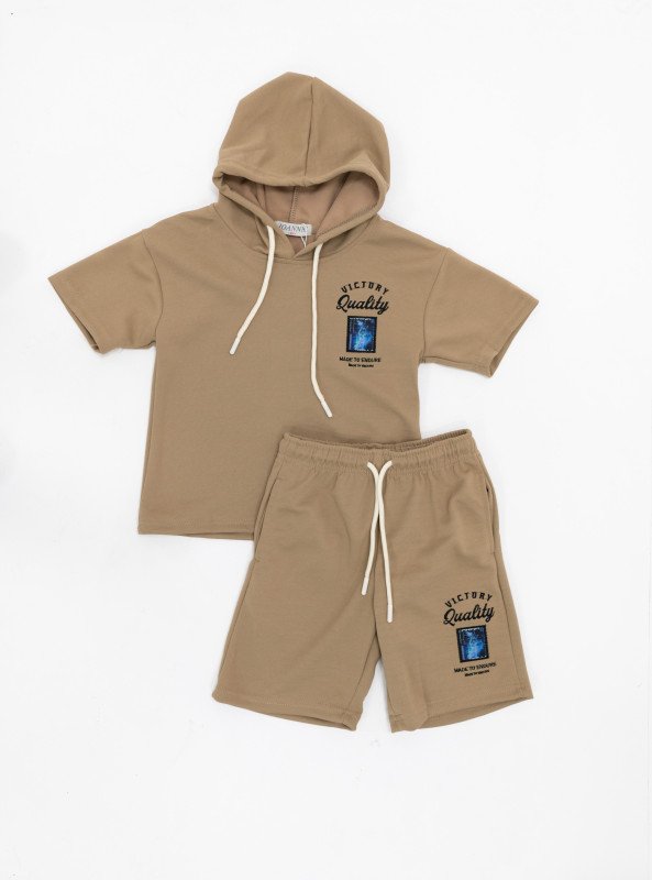 Boys’ Short Sleeve Hooded Set with Graphic Print - LightBrown