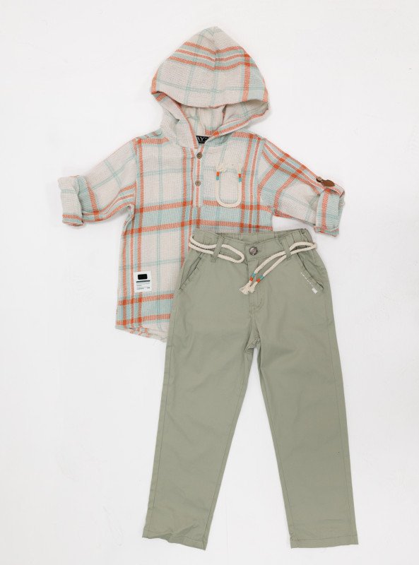 Boys' Cotton Hooded Plaid Shirt & Pant Set – Casual Style - Orange