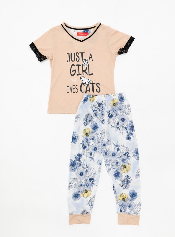 Cat Lover Pajama Set - Beige
