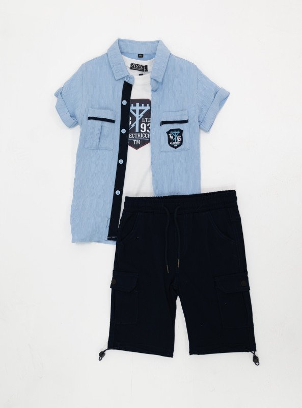 Boys' 3-Piece Cotton Shirt, T-Shirt & Shorts Set – Stylish, Sporty & Summer-Ready - Blue