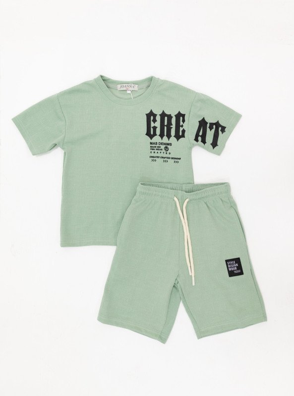 Boys’ Cotton Graphic “GREAT” T-Shirt & Shorts Set - Green