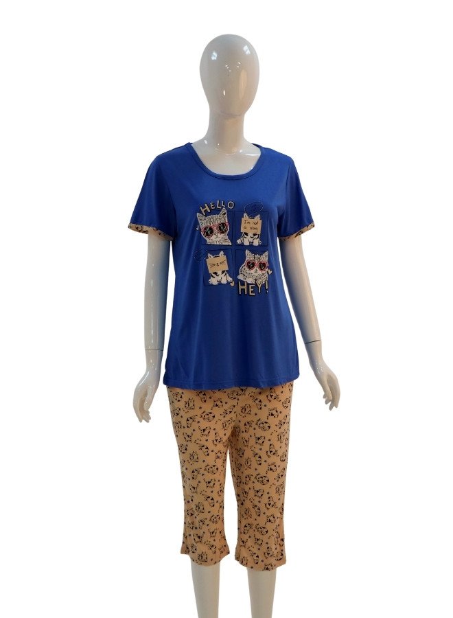 Women's Cotton Printed Cat Loungewear Set – 3/4 Sleeve & Capri Pants - Blue