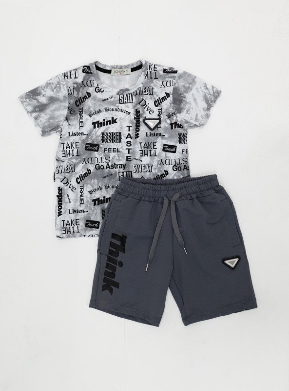 Boys’ Printed Cotton T-Shirt & Shorts Set – “Think” Graphic - LightSlateGray