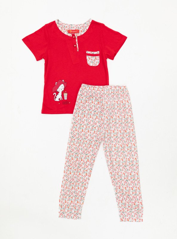 Girls’ Floral Cat Print Pajama Set – 2 Colors - Red