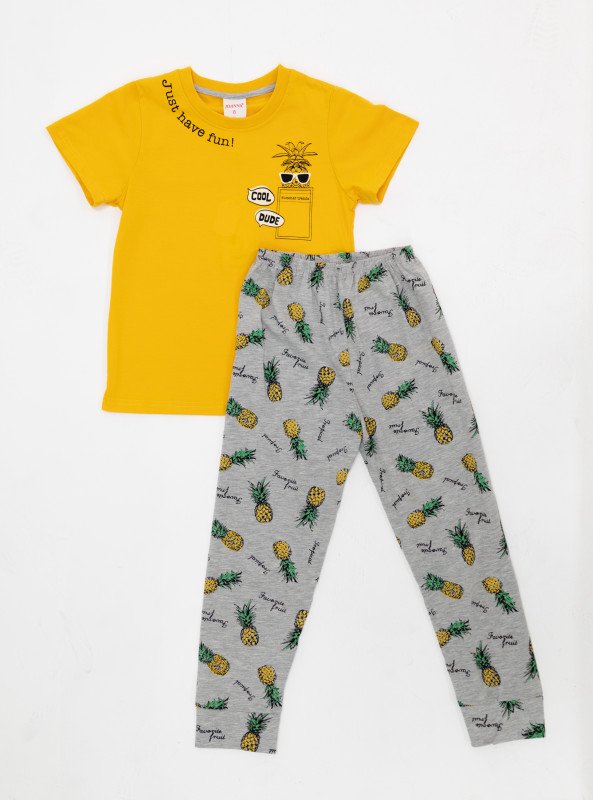 Boys' Fun Pineapple Print Pajama Set – “Cool Dude” T-Shirt & Comfy Pants - Yellow