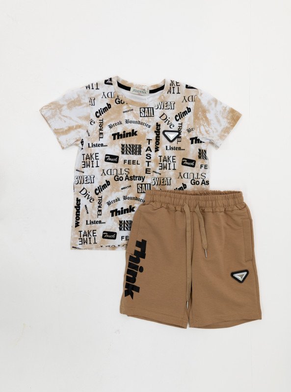 Boys’ Printed Cotton T-Shirt & Shorts Set – “Think” Graphic - LightBrown