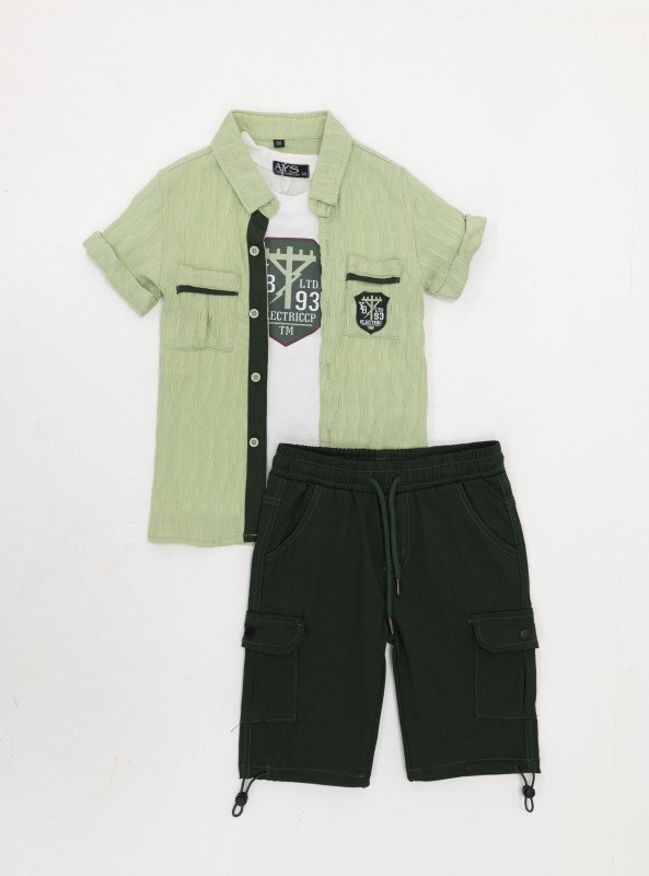 Boys' 3-Piece Cotton Shirt, T-Shirt & Shorts Set – Stylish, Sporty & Summer-Ready - Green