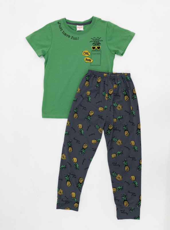Boys' Fun Pineapple Print Pajama Set – “Cool Dude” T-Shirt & Comfy Pants - Green
