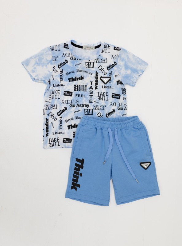 Boys’ Printed Cotton T-Shirt & Shorts Set – “Think” Graphic - LightSkyBlue
