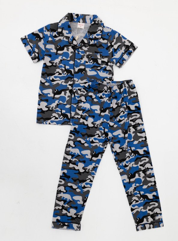 Boys' Camouflage Print Cotton-Blend Pajama Set - Blue
