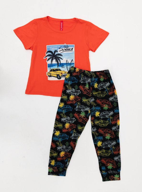 Boys' Summer Vibes Printed Pajama Set (2-Piece) - OrangeRed