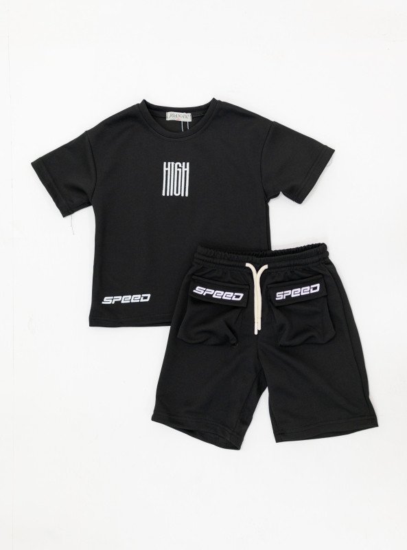 Boys’ “HIGH SPEED” Graphic Cotton Shorts Set - Black