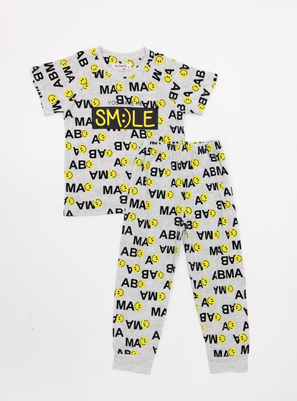 Boys' Smile Print Pajama Set – 2-Piece Loungewear - LightGrey