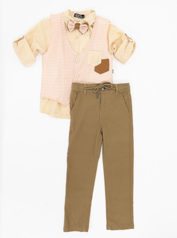 Boys 3-Piece Formal Set – Shirt, Waistcoat & Trousers | 100% Cotton - Beige