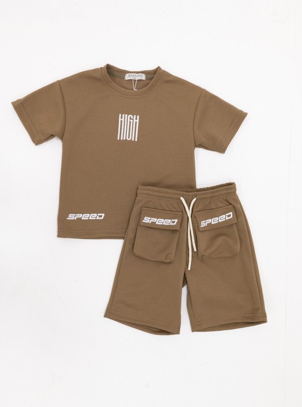 Boys’ “HIGH SPEED” Graphic Cotton Shorts Set - LightBrown