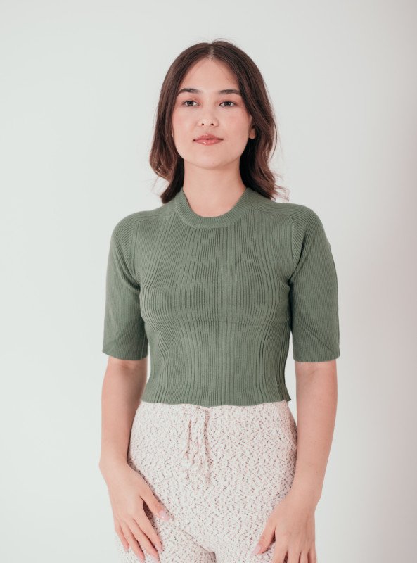 Essential Elegance: Ribbed Knit Cropped Top - Khaki