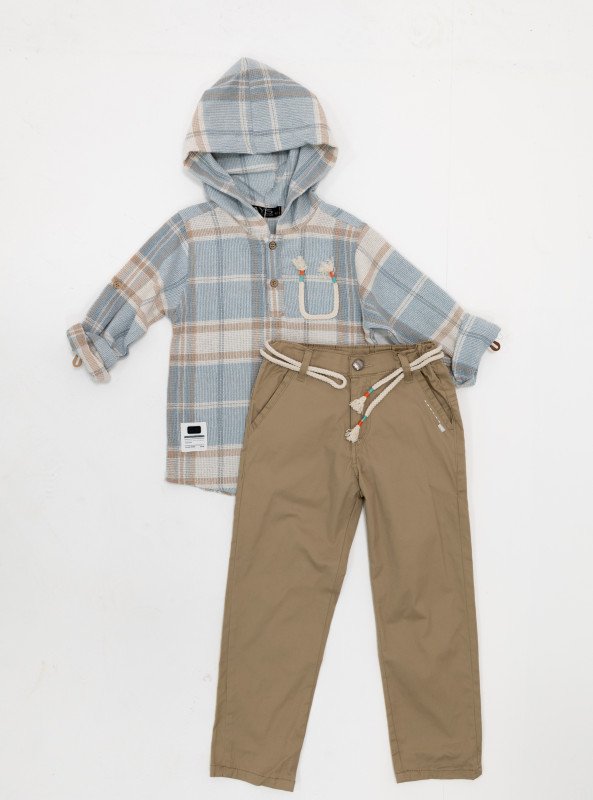 Boys' Cotton Hooded Plaid Shirt & Pant Set – Casual Style - Blue