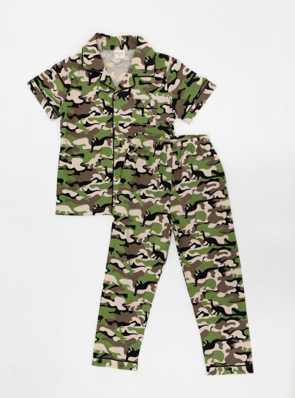 Boys' Camouflage Print Cotton-Blend Pajama Set - Green