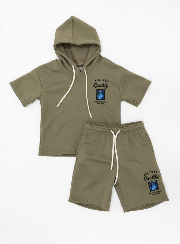 Boys’ Short Sleeve Hooded Set with Graphic Print - DarkOliveGreen