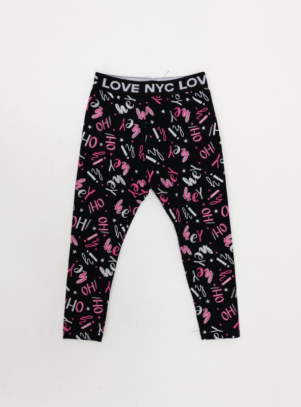 Girls’ Black Cotton Stretch Leggings with Graphic Print - Black