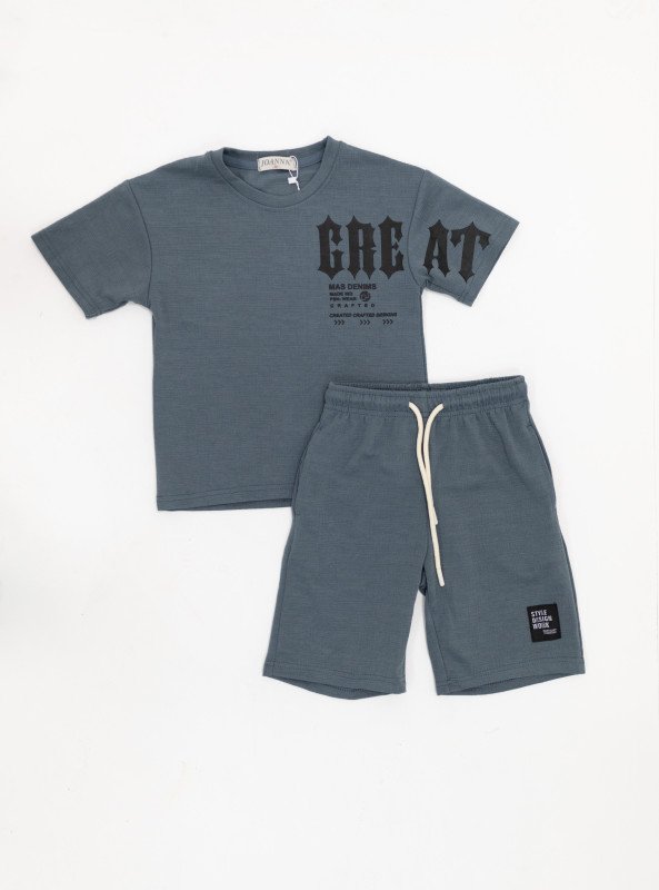 Boys’ Cotton Graphic “GREAT” T-Shirt & Shorts Set - Gray