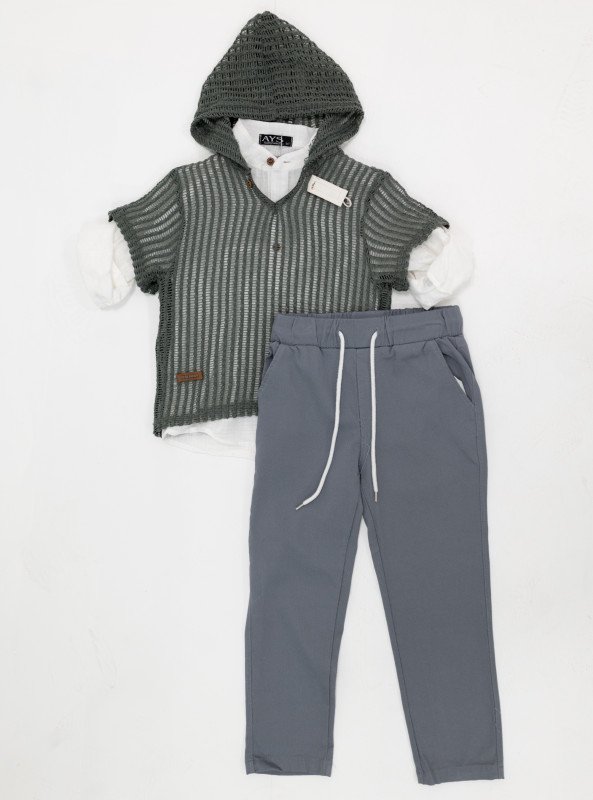 Boys Hooded Mesh Knit Top & Jogger Pants Set - Gray