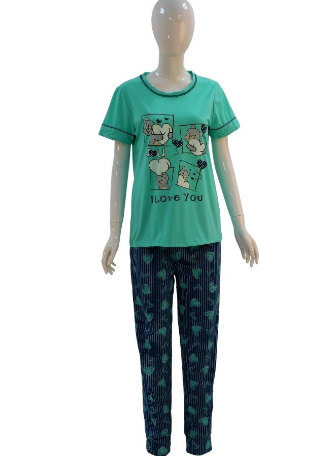 "I Love You" Cute Cartoon Print Women's Cotton Pajama Set - LightSeaGreen