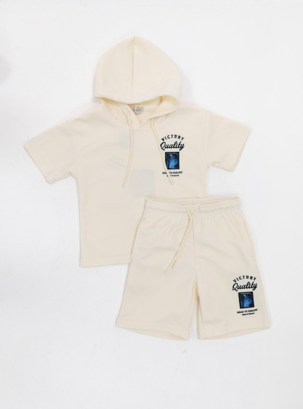 Boys’ Short Sleeve Hooded Set with Graphic Print - White