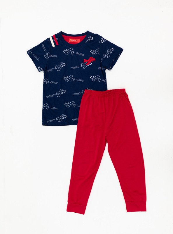 Boys' Airplane Print Pajama Set – Short Sleeve Top & Long Pants - Blue