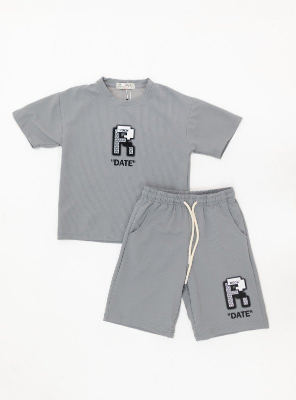 Boys’ Casual Embroidered “DATE” Set – T-Shirt & Shorts - Gray