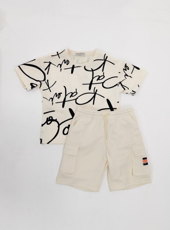 Boys’ Printed T-Shirt and Cargo Shorts Set – Comfort Style - White