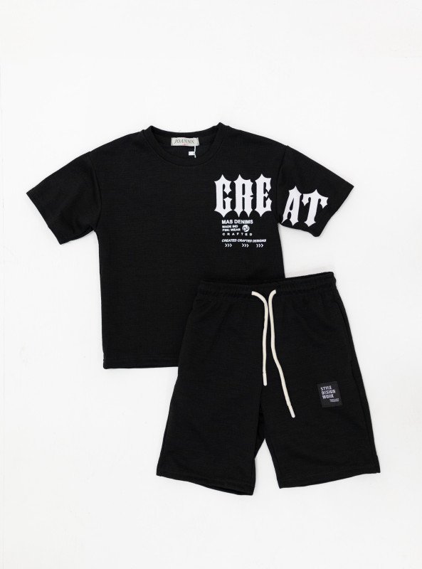 Boys’ Cotton Graphic “GREAT” T-Shirt & Shorts Set - Black