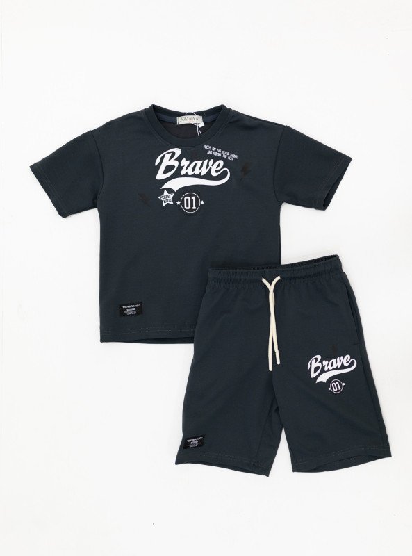 Boys’ "Be Brave" Cotton Summer Set – T-Shirt & Shorts - DarkSlateGray