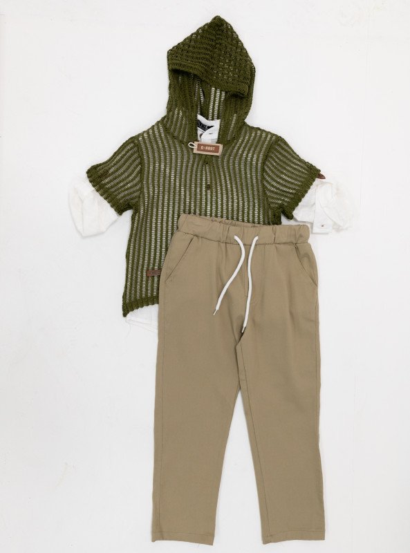Boys Hooded Mesh Knit Top & Jogger Pants Set - DarkGreen