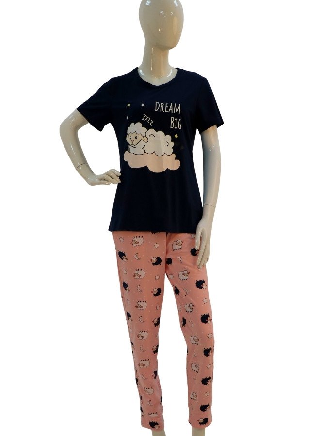 Women's Cotton Pajama Set – "Dream Big" Sheep Print Night Suit - Black