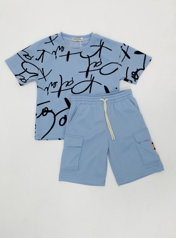 Boys’ Printed T-Shirt and Cargo Shorts Set – Comfort Style - SkyBlue