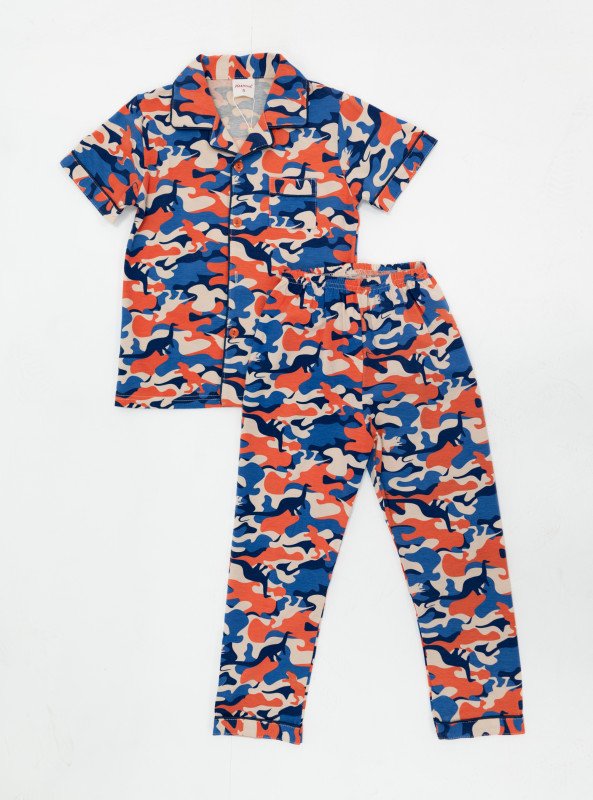 Boys' Camouflage Print Cotton-Blend Pajama Set - OrangeRed