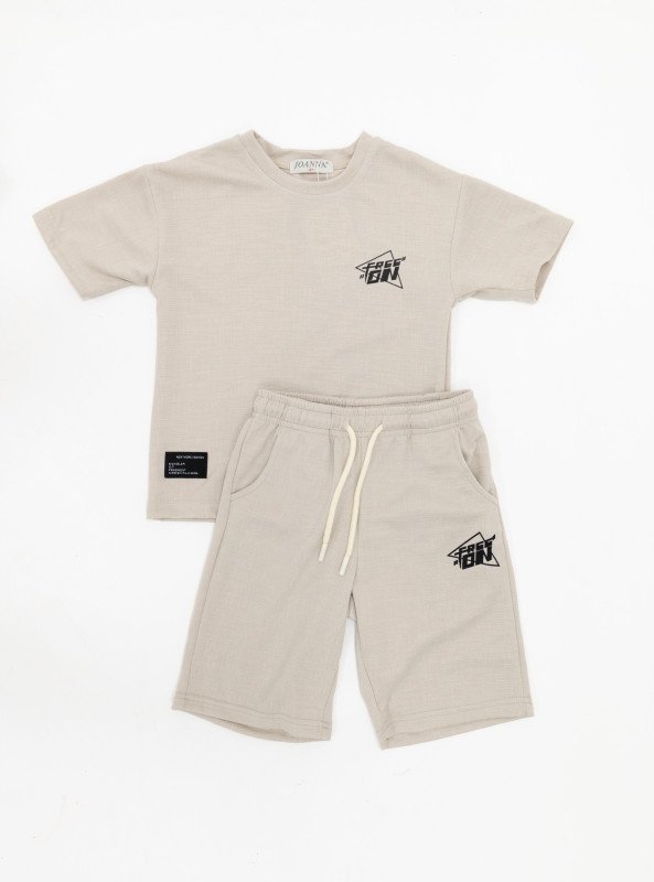 Boys’ Cotton Graphic T-Shirt & Shorts Set - Beige