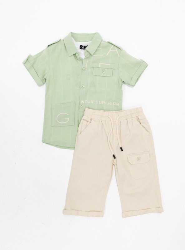 Boys' 2-Piece Cotton Shirt & Pant Set – Cool, Comfortable, and Ready for Summer - LightGreen