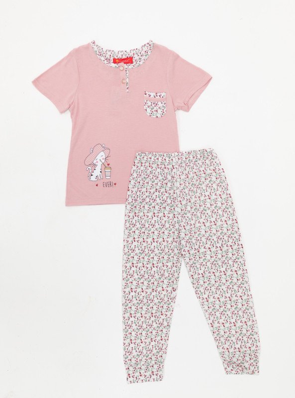 Girls’ Floral Cat Print Pajama Set – 2 Colors - Pink