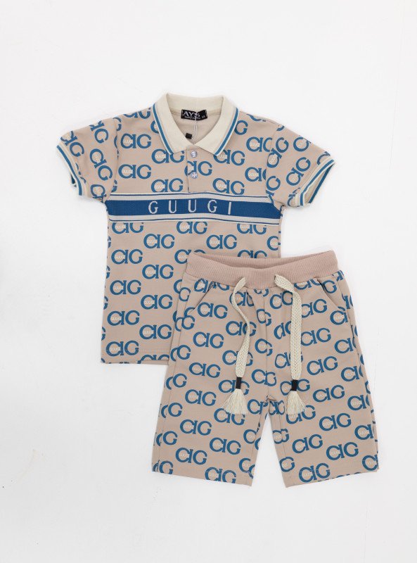 Boys' Printed Polo & Shorts - Beige