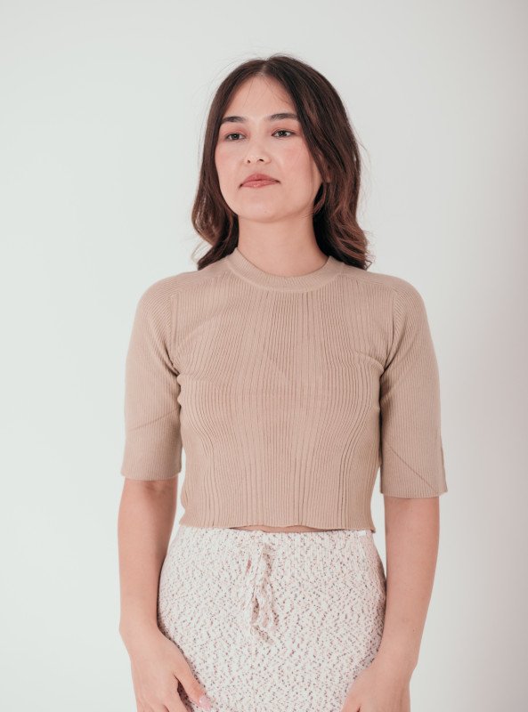 Essential Elegance: Ribbed Knit Cropped Top - LightBrown